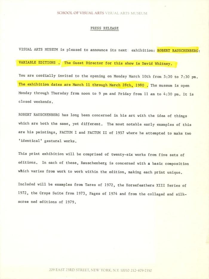 Press Releases depicts: Typewritten description of exhibition