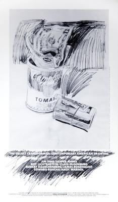 Posters depicts: Andy Warhol pencil drawing with Campbell's tomato soup can and dollar bills