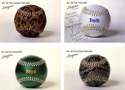 Advertisements depicts: Four baseballs, one with a leopard print, one says "truth," one says "hope," and one has a snake skin print
