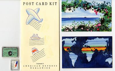 Three postcards, one a watercolor landscape, one a watercolor map, and a plane, boat, and car drawn in crayon, two magnets, one an American Express card and the other a stamp