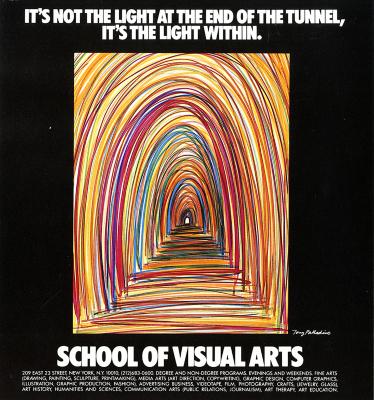 Advertisements depicts: Passage of repeating abstractly drawn multi-colored doorways