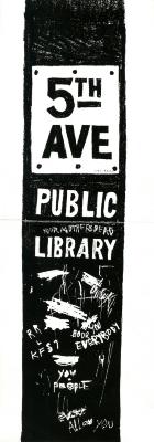 Illustration of a sign for the 5th Ave Public Library sign with graffiti all over it 