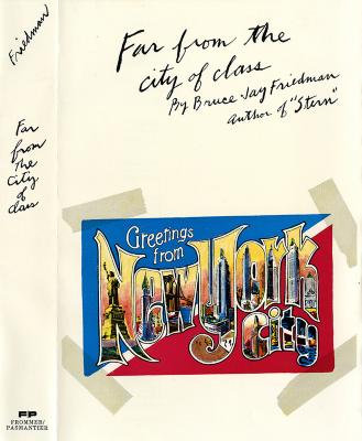 Book Covers depicts: Greetings from New York City blue and red postcard taped on top of a sheet of paper