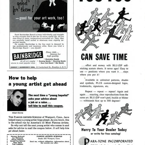 Advertisements depicts: Page of advertisements all related to artwork, one is a photo of a mans head, the others are cartoon illustrations of a judge and of a group of silhouetted patterned people running 