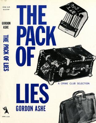 Book Covers depicts: "The Pack of Lies" in blocky blue text, next to it are oil pastel illustrations of a matchbook, a vintage trunk, and a briefcase