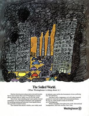 Advertisements depicts: Childlike drawing of a city filled with cars and smokestacks, the buildings and people are covered in smoke