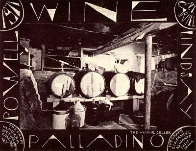 Advertisements depicts: Four wine barrels on a wooden stand with many wine jugs underneath