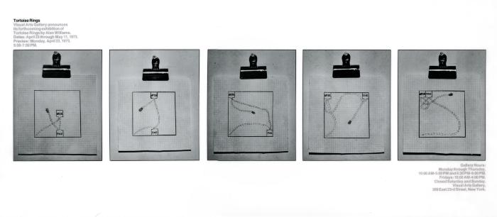 Posters depicts: Five path drawings on grid paper held up by paper clips