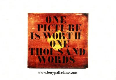 Advertisements depicts: Painting of a yellow diamond shape over a reddish brown background, overtop is the phrase "one picture is worth one thousand words"