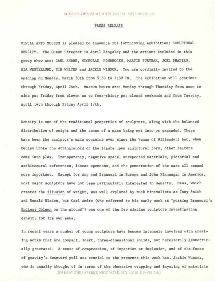 Press Releases depicts: Typewritten description of exhibition