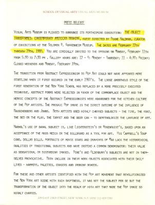 Press Releases depicts: Typewritten description of exhibition