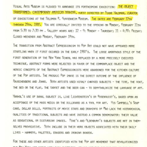 Press Releases depicts: Typewritten description of exhibition