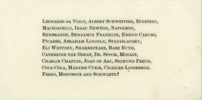 Letterheads/Stationery depicts: A list of names like Leonardo da Vinci, Einstein, etc, appear on a slip of paper