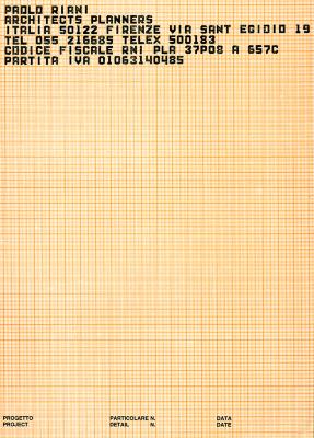 Letterheads/Stationery depicts: Blocky text letterhead appears on orange grid architecture paper 