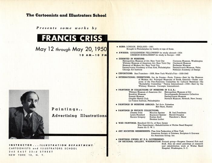 Booklet/Brochure depicts: Brochure with Francis Criss' CV and exhibition history
