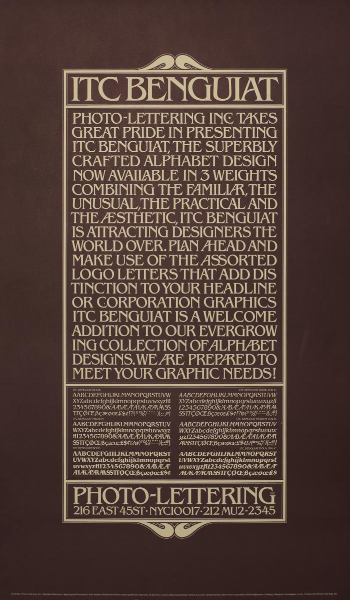 Posters depicts: Text advertisement for a capitalized font with many serifs sits in a box on a brown poster 