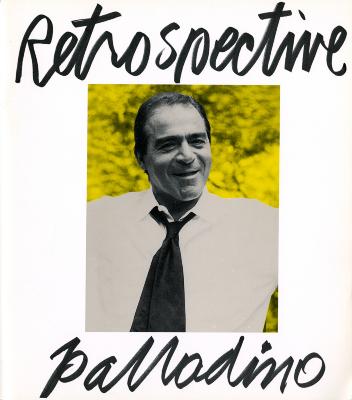 Announcements and invitations, Exhibition Catalogues depicts: A black and white Tony Palladino is pictured chest up in front of a green background