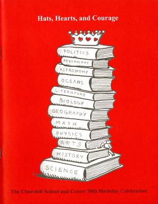 Booklet/Brochure depicts: A drawn stack of books on subjects like science, history, etc, sit on a red background. On top is a crown with red hearts as jewels