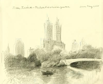 Original Art depicts: Pencil drawing of a boat floating on the water next to a bridge, the skyline of the city in the background