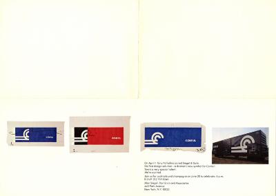 Announcements and invitations depicts: Three different colored designs for a Conrail box car, and an image of the real Conrail box car al glued onto a piece of paper