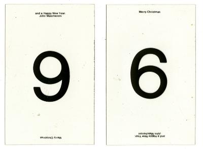 Cards depicts: Happy New Year Merry Christmas cards, one has a large 9 on it, the other a large 6