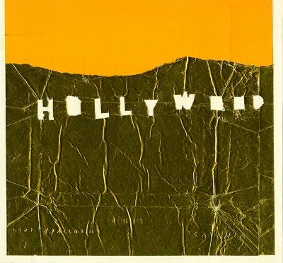 Original Art depicts: Hollywood Hills with an orange sky made out of textured collage material. The world "Hollywood" is cut out of the hills.