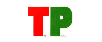 Cards depicts: Tony Palladino is printed on a white card, the T and the P are a much larger size than the rest of the font. Tony is red, Palladino is green.