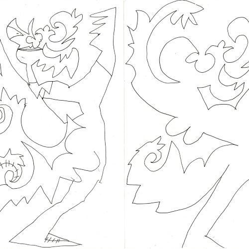 Original Art depicts: Two line drawings of very abstract, monster type creatures 
