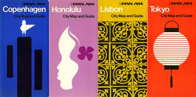 Booklet/Brochure depicts: Four brochures each with a minimalist silhouette illustration sit next to each other, one of a seagull on a post, one of a woman's profile, one of an ornately decorated gate, an one of a Japanese lantern 