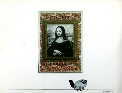 Original Art depicts: Collage piece of the Mona Lisa on top of a red wallpaper with imagery of fruits and flowers. A siamese cat stands in front of the painting. 