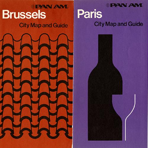 Booklet/Brochure depicts: Four brochures each with a minimalist silhouette illustration sit next to each other, one of a pair of clogs, one of the tiling on a roof, one of a bottle and glass for wine, and one of an ornately decorated window 