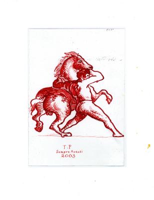 Original Art depicts: Red ink drawing of muscly man grabbing horse by neck and mouth
