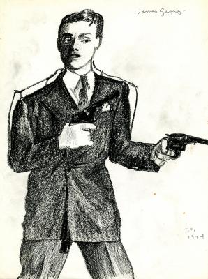 Original Art depicts: Charcoal drawing of a man in a suit pointing two guns off to the side