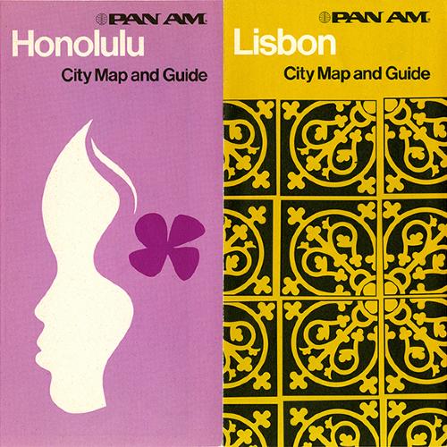Booklet/Brochure depicts: Four brochures each with a minimalist silhouette illustration sit next to each other, one of a seagull on a post, one of a woman's profile, one of an ornately decorated gate, an one of a Japanese lantern 