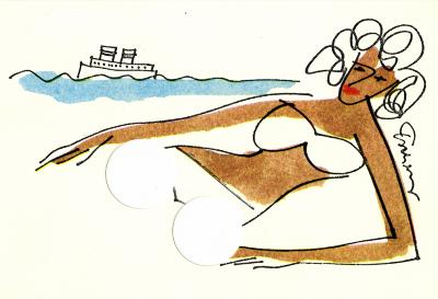 Advertisements, Booklet/Brochure depicts: Cartoon illustration of a tan woman in a white bikini laying on a beach with two white stickers where her legs would be