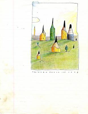 Original Art depicts: Colored pencil drawing of gigantic sharpened pencils sticking out of the grass with a cloud and the sun in the distance