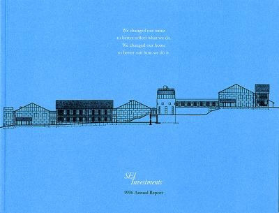 Annual Reports and Corporate Communications depicts: Minimal line art illustration of various buildings on a blue background 