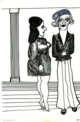 Original Art depicts: Cartoon ink drawing of two women in fashionable clothing standing in front of the steps of a building