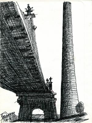 Original Art depicts: Black ink drawing of the Queensborough Bridge drawn from partially underneath the bridge, a smokestack sits to the right of it. 