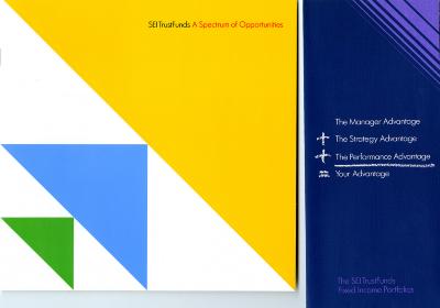 Advertisements, Booklet/Brochure depicts: Green, blue, and yellow triangles all increasing in size, pointed toward the top right corner. To the right is a purple pamphlet 