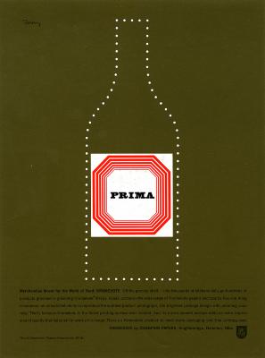 Advertisements depicts: A minimalist illustration of a wine bottle on an olive green background, there is a label with "Prima" on the bottle 