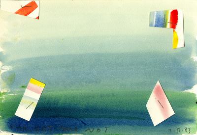 Original Art depicts: Four geometric vibrant watercolor swatch paper cutouts are stapled on the corners of a very minimalist watercolor landscape