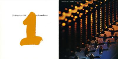 Annual Reports and Corporate Communications depicts: On the left page is an orange painted number 1, to the right is a close up of a darkly lit series of switches 