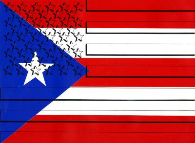 Original Art depicts: The red, white and blue Puerto Rican flag with the black line art of the American flag overlaid on top of it