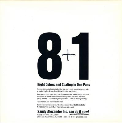 Calendars, Posters depicts: "8+1" typed largely in black with a block of text underneath 