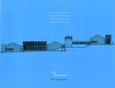 Logos and identities depicts: Minimal line art illustration of various buildings on a blue background 