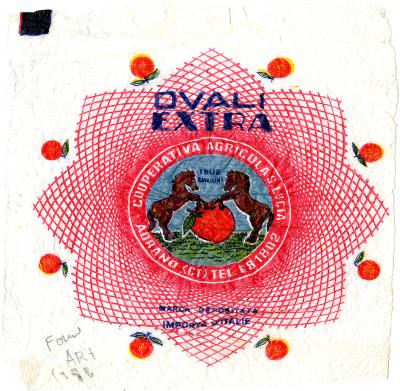 Wrapper with red geometric net like pattern with an image of two horses jumping on an orange, 8 oranges circle the design