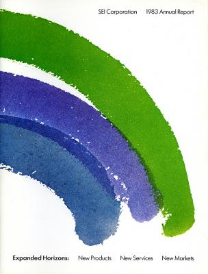 Annual Reports and Corporate Communications depicts: A stroke of dull blue, a bright blue, and green are painted in an arch formation 