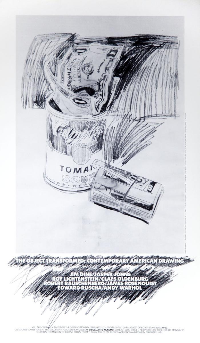 Posters depicts: Andy Warhol pencil drawing with Campbell's tomato soup can and dollar bills