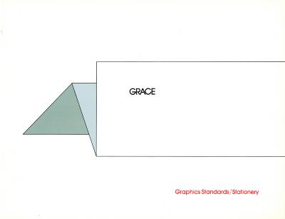 Logos and identities, Graphic Standards Manuals depicts: Minimal illustration of a folded paper with "Grace" on it 